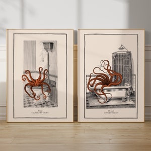 Fun Bathroom Prints Vintage Octopus Wall Art Quirky Animal Print Set Funny Toilet Decor Weird Art Victorian Bathroom New Home Gift