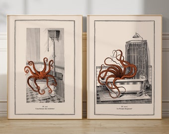 Fun Bathroom Prints Vintage Octopus Wall Art Quirky Animal Print Set Funny Toilet Decor Weird Art Victorian Bathroom New Home Gift