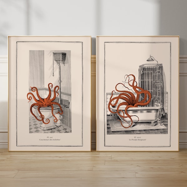 Spaß Badezimmer Drucke Vintage Oktopus Wand Kunst schrulligen Tierdruck Set lustige Toilette Dekor seltsame Kunst Viktorianisches Badezimmer neues Zuhause Geschenk
