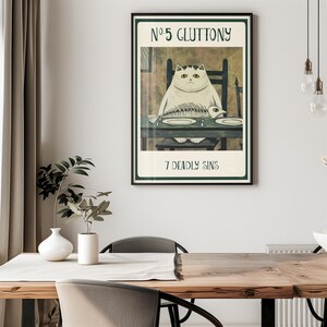 Cat Lover Gift Art Print Medieval Style Whimsical Gothic Design Kitchen Wall Decor Dining Room Accent Gallery Wall Collection Unique Animal Portrait White Cat Theme Fish Skeleton Art Perfect Home Decoration