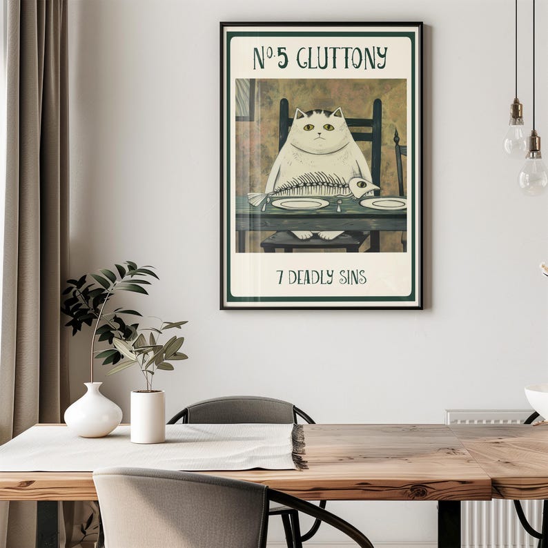Cat Lover Gift Art Print Medieval Style Whimsical Gothic Design Kitchen Wall Decor Dining Room Accent Gallery Wall Collection Unique Animal Portrait White Cat Theme Fish Skeleton Art Perfect Home Decoration