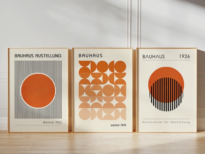 Bauhaus-poster Afficheset Orange väggkonst Minimalistisk väggkonst Konst från mitten av århundradet Bauhaus-tryck Abstrakt konst Bauhaus-tryckset bild 3