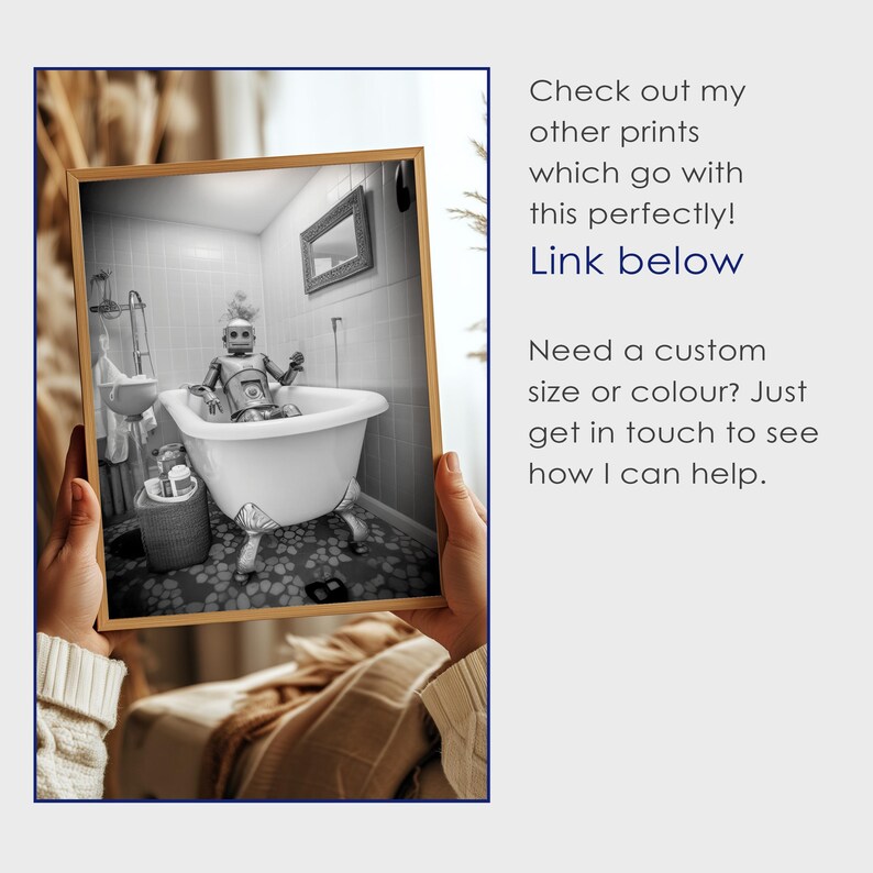 May include: Black and white photograph of a robot in a bathtub. The robot is sitting in the bathtub with its arms crossed. The bathtub is white and has four legs. The bathroom is tiled in black and white.