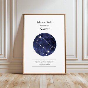 May include: A printable poster with a watercolor illustration of the Gemini constellation in blue and white. The poster includes the name Jahzara David, the date September 23rd, and the zodiac sign Gemini. The text below the constellation lists personality traits associated with the sign: Charming, Inquisitive, Eloquent, Witty, Playful, Imaginative, Enthusiastic, and Warm.