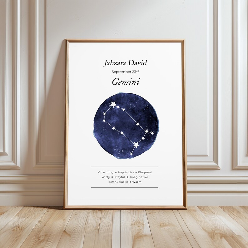May include: A printable poster with a watercolor illustration of the Gemini constellation in blue and white. The poster includes the name Jahzara David, the date September 23rd, and the zodiac sign Gemini. The text below the constellation lists personality traits associated with the sign: Charming, Inquisitive, Eloquent, Witty, Playful, Imaginative, Enthusiastic, and Warm.