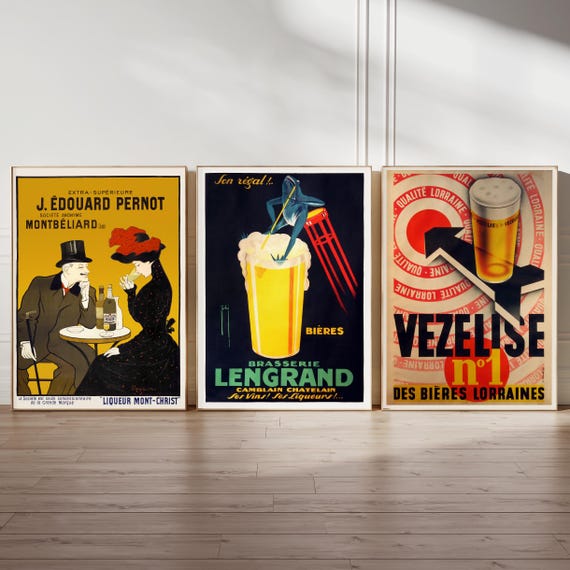 Vintage French Drink Adverts Art Nouveau Prints Set of 3 Beer