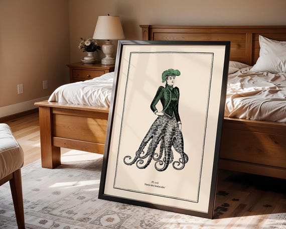 Quirky Bathroom Art Vintage Mermaid Print Idea for Powder Room Gallery Wall Steampunk Octopus Poster Washroom Gothic Decor Green