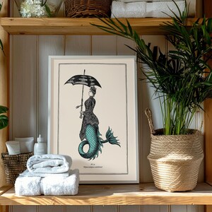 Vintage Style Mermaid Print Idea for Gothic Room Decor Mermaidcore Wall Art for Bathroom Steampunk Poster Powder Room Teal Accent image 2