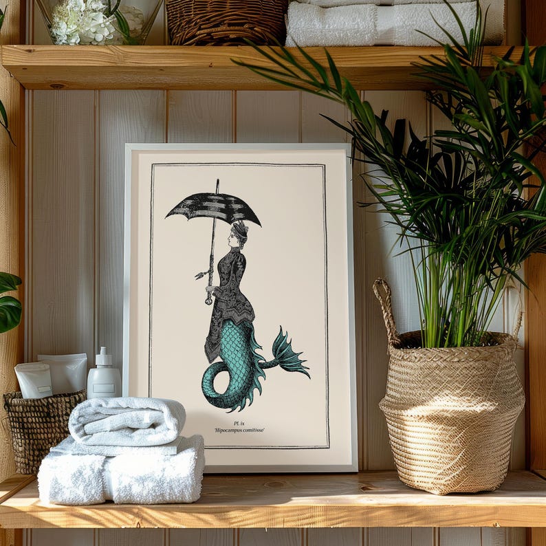 Vintage Style Mermaid Print Idea for Gothic Room Decor Mermaidcore Wall Art for Bathroom Steampunk Poster Powder Room Teal Accent image 2