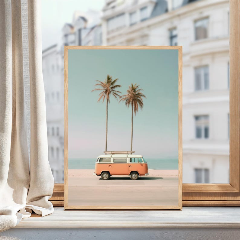 May include: A vintage orange and white van with a surfboard on the roof parked on a beach with two palm trees in the background.