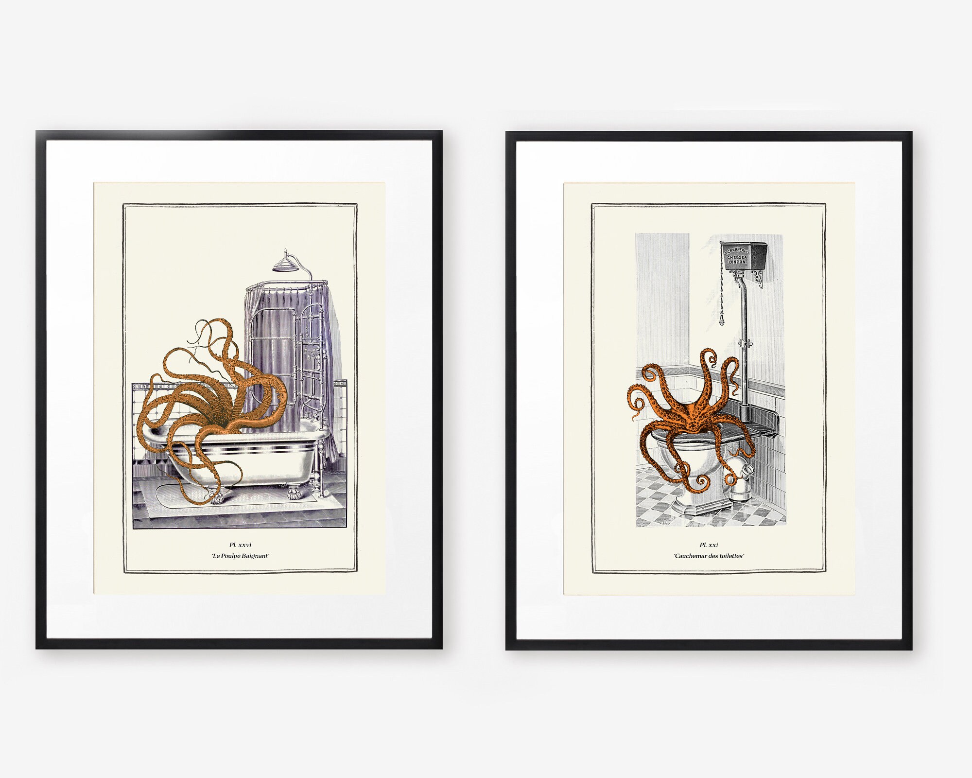 Vintage Bathroom Octopus Print Set, Funny Bathroom Wall Prints