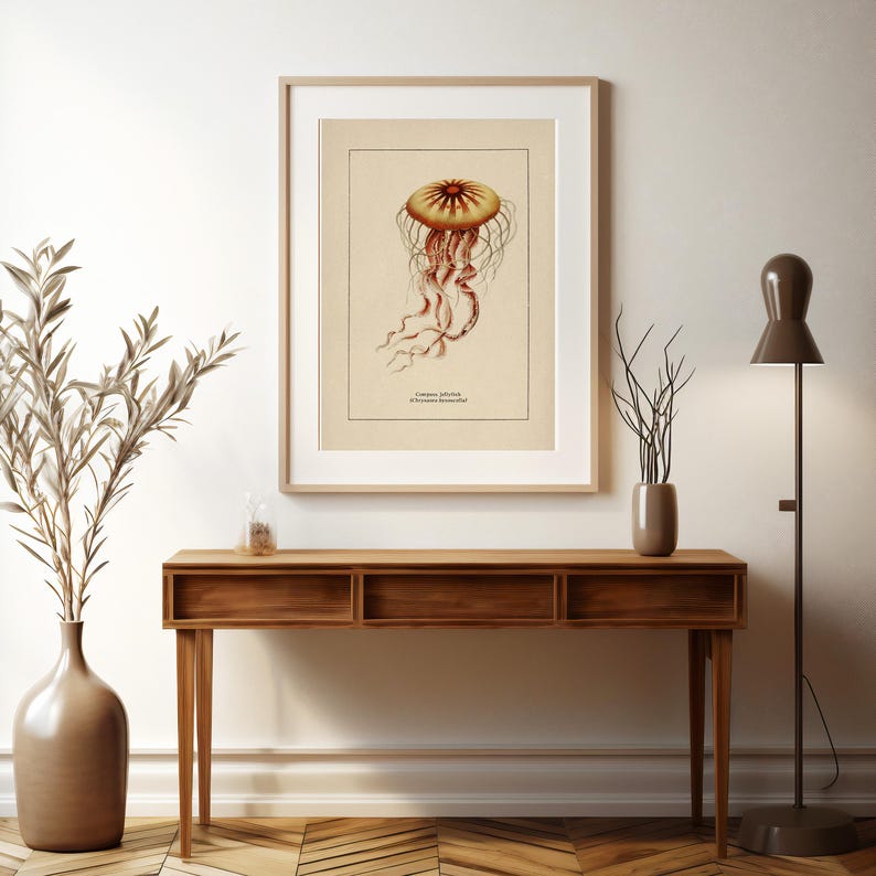 Väggkonst med havsliv för kustdekor, retro badrumstryck med havstema, vintage manetposter, naturhistorisk illustration, strandhusstämning bild 9