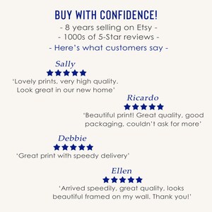 May include: A screenshot of customer reviews for an Etsy shop. The reviews are all positive and highlight the quality of the products and the speed of delivery. The text includes the following quotes: "Lovely prints, very high quality. Look great in our new home." "Beautiful print! Great quality, good packaging, couldn't ask for more." "Great print with speedy delivery." "Arrived speedily, great quality, looks beautiful framed on my wall. Thank you!"