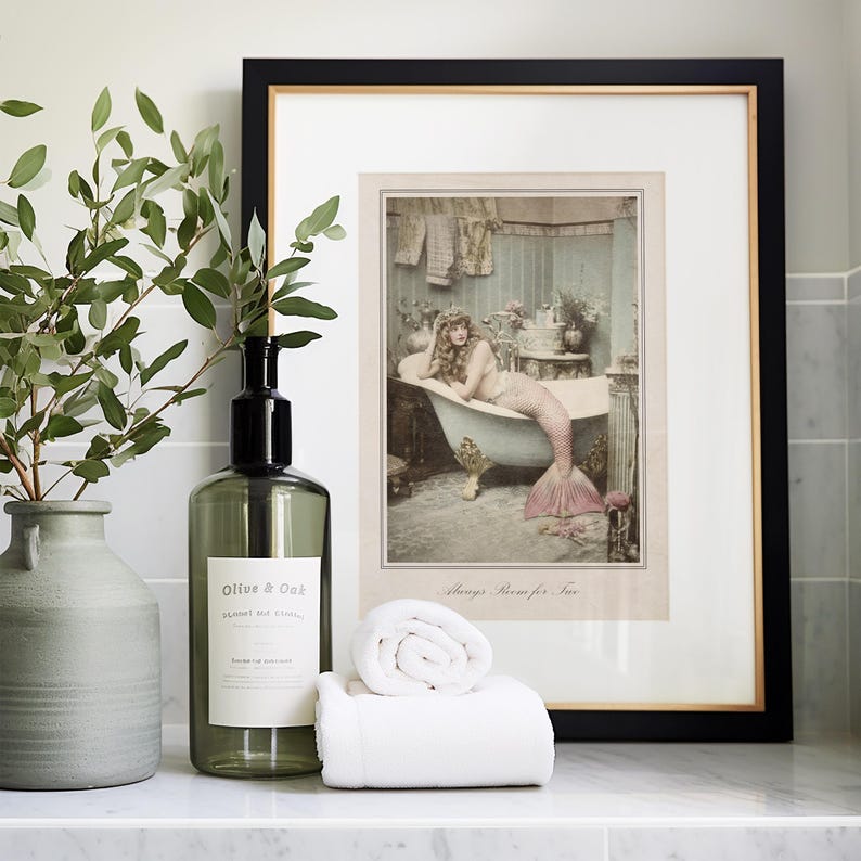 Victorian Beach Decor Vintage Mermaid Print Pink Tail Design Coastal Bathroom Art Nautical Home Collection Classic Wall Display Sepia Tone Photography Ocean Theme Essential Beautiful Bathroom Decoration Elegant Style Premium Art Collection