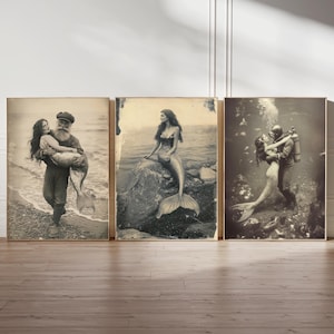Vintage Mermaid Print Wall Art Beach House Decor Coastal Bathroom Collection Nautical Theme Design Ocean Home Style Sepia Tone Artwork Beautiful Seaside Aesthetic Perfect Beach House Gift Classic Maritime Look Nursery Art Display