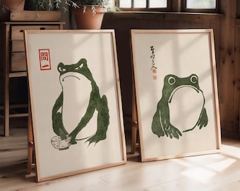 Grumpy Frog Japanese Art Set of 2 Wood Block Prints, Wabi Sabi Wall Art for Green Decor Japandi Interior, Funny Animal Humor Posters