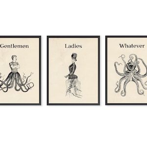 Set of 3 Funny Toilet Signs Set Quirky Bathroom Art Steampunk Print Set Toilet Humour Posters