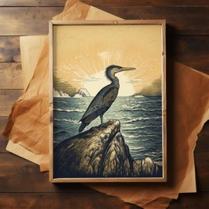 Handmade Linocut Print Cormorant Art Bird Print Nature Print Ocean Art Sunrise Wall Art Coastal Bird Art Beach House Decor Beach Cottage Wall Art Seaside Wall Decor Bird Lover Gift