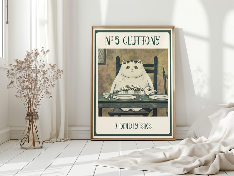 Kitchen Wall Decor Medieval Cat Print Whimsical Gothic Style Dining Room Art Gallery Wall Accent Unique Animal Portrait White Cat Design Fish Theme Collection Perfect Home Accent Cat Lover Gift Present Bundle