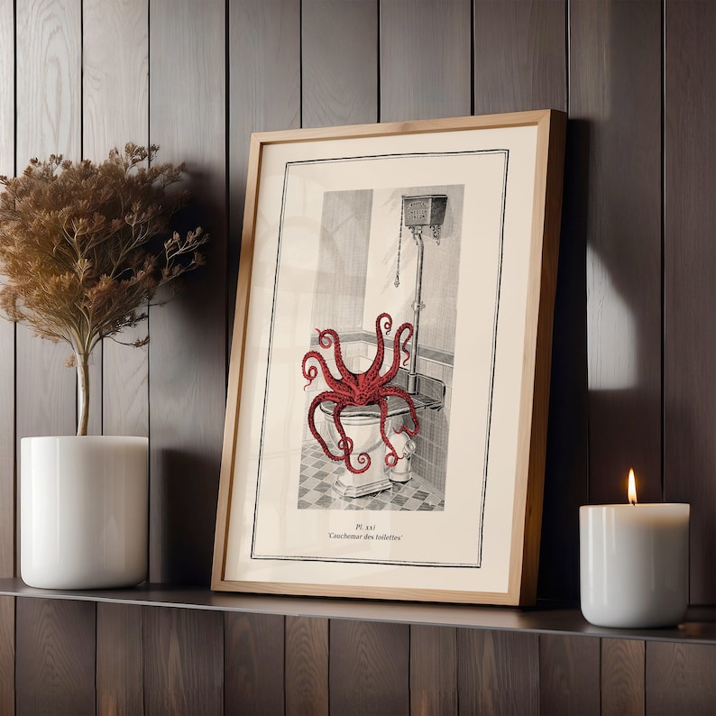 Puede incluir: Una ilustraci&oacute;n vintage de un pulpo en un inodoro. La ilustraci&oacute;n est&aacute; enmarcada en un marco de madera claro y tiene un passe-partout blanco. El texto debajo de la imagen dice "Pl. XXI. Cochl&eacute;as des foletries."