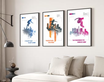 Skateboarding Art Set of 3 Skateboard Posters for Skateboarder Gift, Colourful Modern Sports Quote Prints for Teen Room Decor