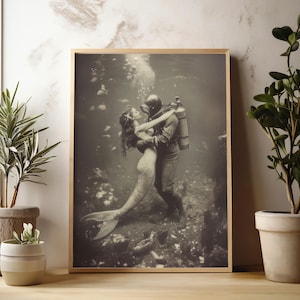 Maritime Scene Artwork Vintage Mermaid Print Coastal Wall Decor Beach House Design Nautical Theme Collection Black White Giclee Ocean Art Classic Style Bathroom Decor Beautiful Underwater Scene Elegant Home Accent