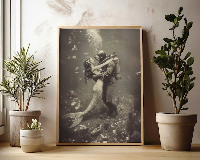 Maritime Scene Artwork Vintage Mermaid Print Coastal Wall Decor Beach House Design Nautical Theme Collection Black White Giclee Ocean Art Classic Style Bathroom Decor Beautiful Underwater Scene Elegant Home Accent