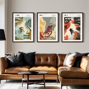 Vintage Style Illustrations Mountain Bike Art Set Three Motivational Prints Adventure Theme Collection Matt Archival Paper Unframed Wall Art Cycling Enthusiast Decor Perfect Bike Shop Display Man Cave Decoration Home Office Wall Art