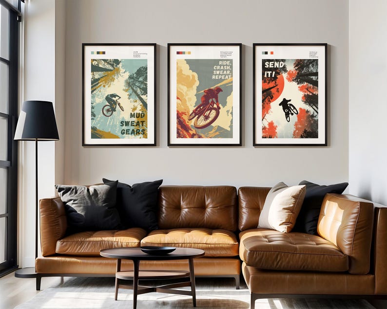 Vintage Style Illustrations Mountain Bike Art Set Three Motivational Prints Adventure Theme Collection Matt Archival Paper Unframed Wall Art Cycling Enthusiast Decor Perfect Bike Shop Display Man Cave Decoration Home Office Wall Art