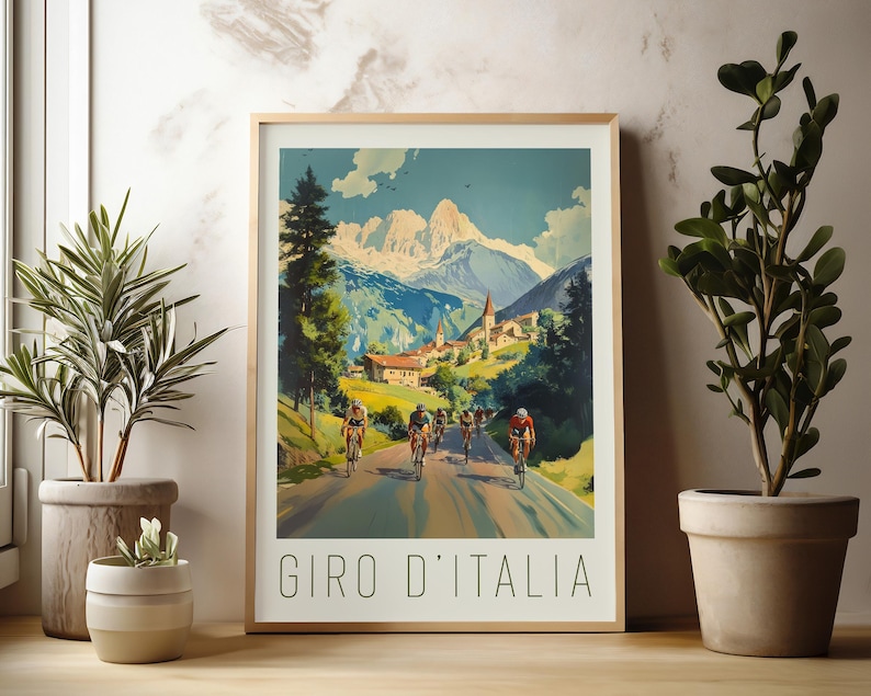 May include: A vintage-style poster featuring a scenic mountain landscape with cyclists racing through a village. The poster is titled "Giro d'Italia" and has a blue, green, and brown color scheme.