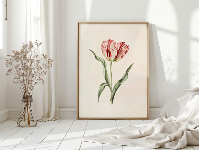 Botanisk väggkonst Vintage tulpantryck Vårdekoration Vardagsrumsinredning oramad Rosa Röd Blomma Naturkonst Sovrum Heminredning Blommor bild 7