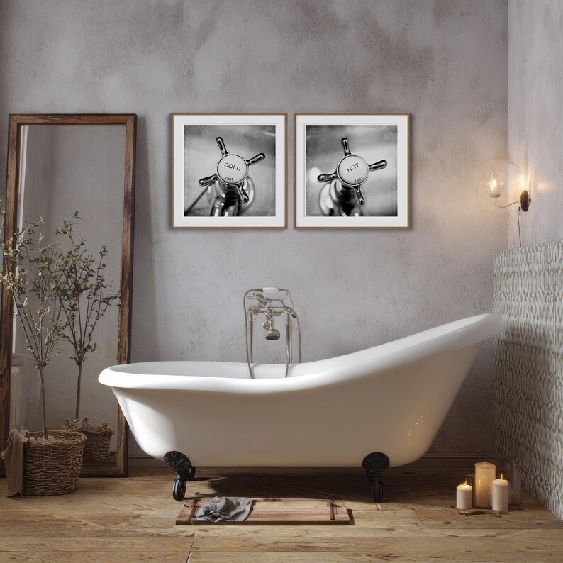 Bathroom Photo Art Vintage Taps Wall Prints for Retro Decor, Hot Cold Faucet Bath Vanity Art Black White Square Washroom Posters image 9