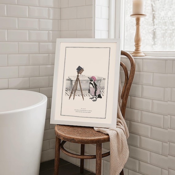 Funny Penguin Bathroom Wall Art for Vintage Bath Art Quirky Animal Print for Penguin Lover Gift for Retro Chic Decor