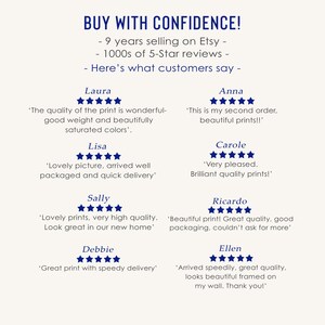 May include: A white background with the text "BUY WITH CONFIDENCE!" and customer reviews. The reviews are from Etsy customers and include phrases like "beautiful prints" and "great quality."