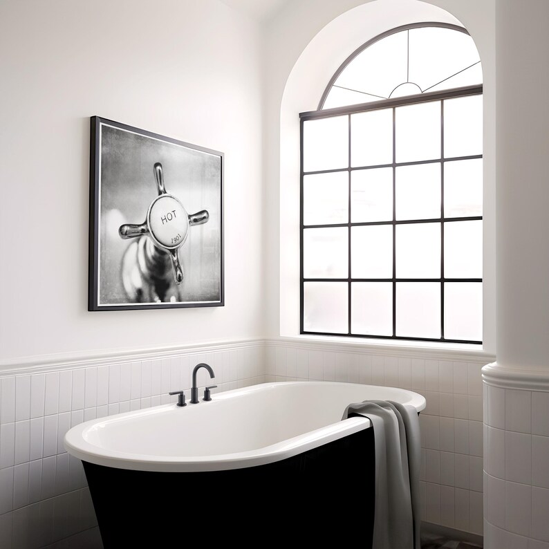 Bathroom Photo Art Vintage Taps Wall Prints for Retro Decor, Hot Cold Faucet Bath Vanity Art Black White Square Washroom Posters image 4