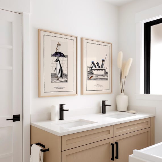 Cute Penguins Print Bathroom Wall Art Cute Animal Prints Surreal Art Vintage Art Bathroom Decor Kids Bathroom Rockhopper Penguin