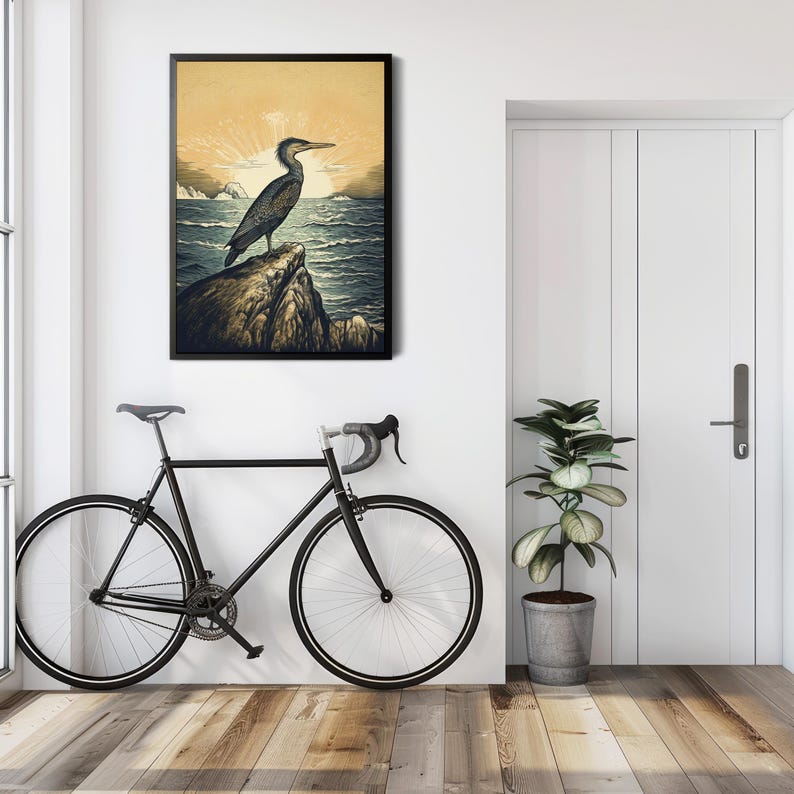 Coastal Wall Art Bird Print Beach House Decor Linocut Cormorant Art Beach Themed Wall Decor Seaside Nature Ocean Print Nautical Home Gift image 6