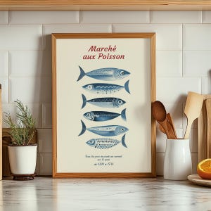 Impresión retro de mercado de alimentos, arte de pared con peces, póster de cocina francesa vintage, impresión de sardinas azules, decoración de cocina retro minimalista, regalo para cocinero