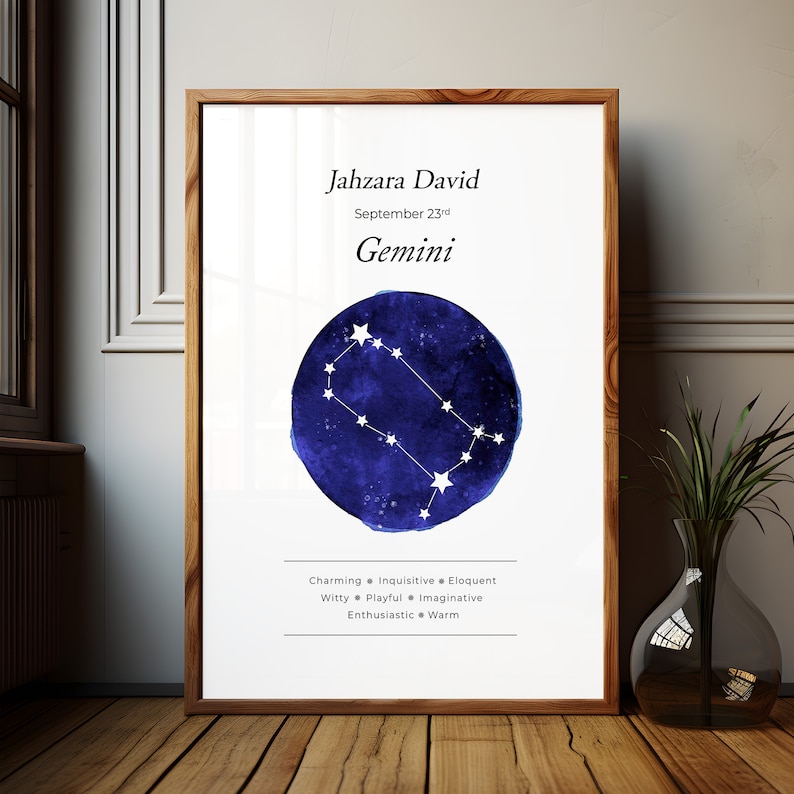 May include: A printable poster with a watercolor illustration of the Gemini constellation in blue and white. The poster features the name Jahzara David, the date September 23rd, and the zodiac sign Gemini. The text below the constellation describes the Gemini personality traits: Charming, Inquisitive, Eloquent, Witty, Playful, Imaginative, Enthusiastic, and Warm.