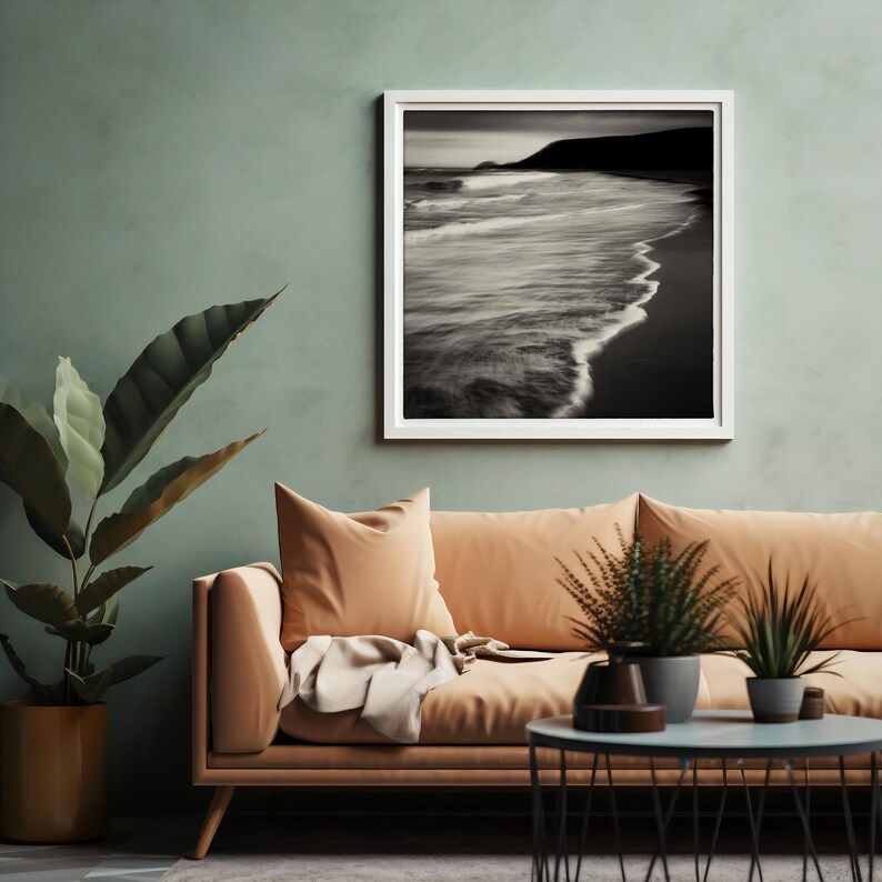 Beach Art Cornwall Coast Moody Ocean Wall Art Square Black and White Decor
