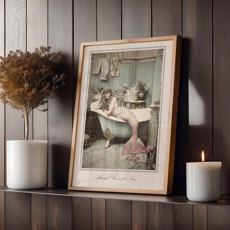 Beach House Wall Art Vintage Mermaid Design Victorian Style Print Coastal Bathroom Decor Pink Tail Collection Nautical Home Essential Sepia Tone Photography Classic Ocean Theme Beautiful Bathroom Display Elegant Wall Art Premium Collection