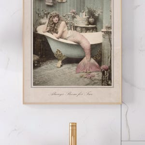 Mermaid Bathroom Art Vintage Victorian Design Pink Tail Collection Coastal Home Decor Beach House Essential Wall Art Display Nautical Theme Photography Sepia Tone Style Classic Ocean Aesthetic Beautiful Bathroom Decoration Premium Print
