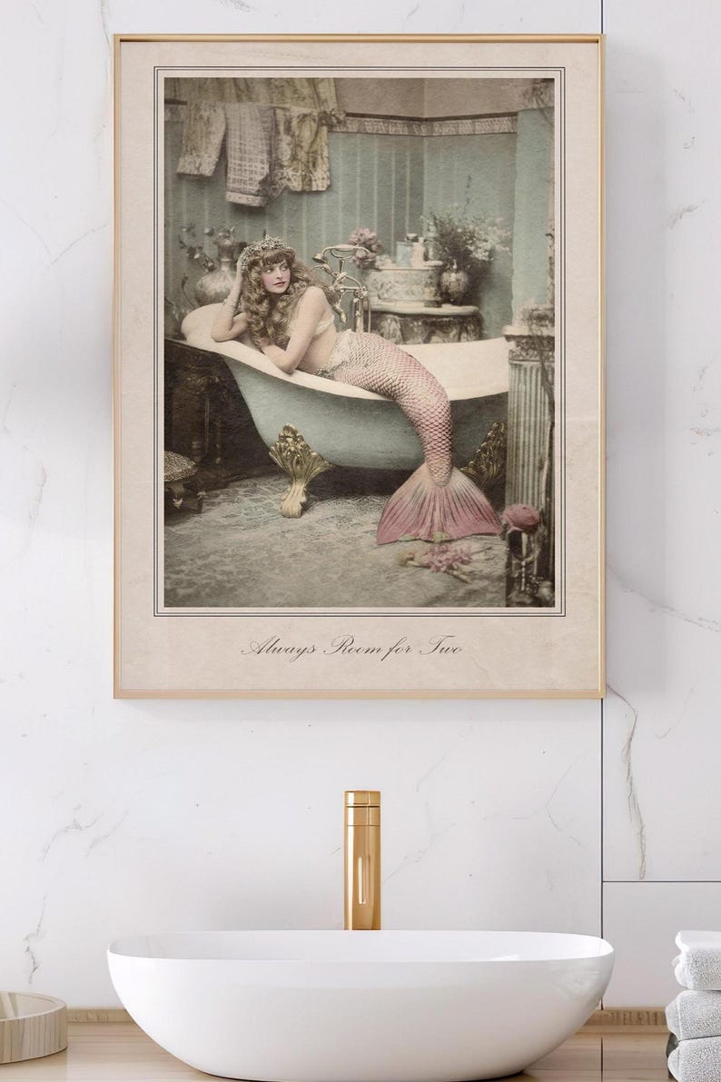 Mermaid Bathroom Art Vintage Victorian Design Pink Tail Collection Coastal Home Decor Beach House Essential Wall Art Display Nautical Theme Photography Sepia Tone Style Classic Ocean Aesthetic Beautiful Bathroom Decoration Premium Print