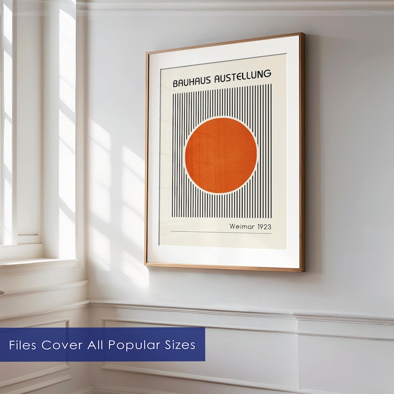 May include: A minimalist poster with a black and white striped background and a large orange circle in the center. The text "BAUHAUS AUSSTELLUNG" is at the top of the poster, and "Weimar 1923" is at the bottom.