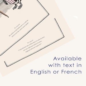 May include: Two framed prints with text in English and French. The English text reads, "No selfies in the bathroom is a code by which even the cutest must abide!" The French text reads, "L'interdiction des selfies dans la salle de bain est une r&egrave;gle que m&ecirc;me les plus mignons doivent respecter!"