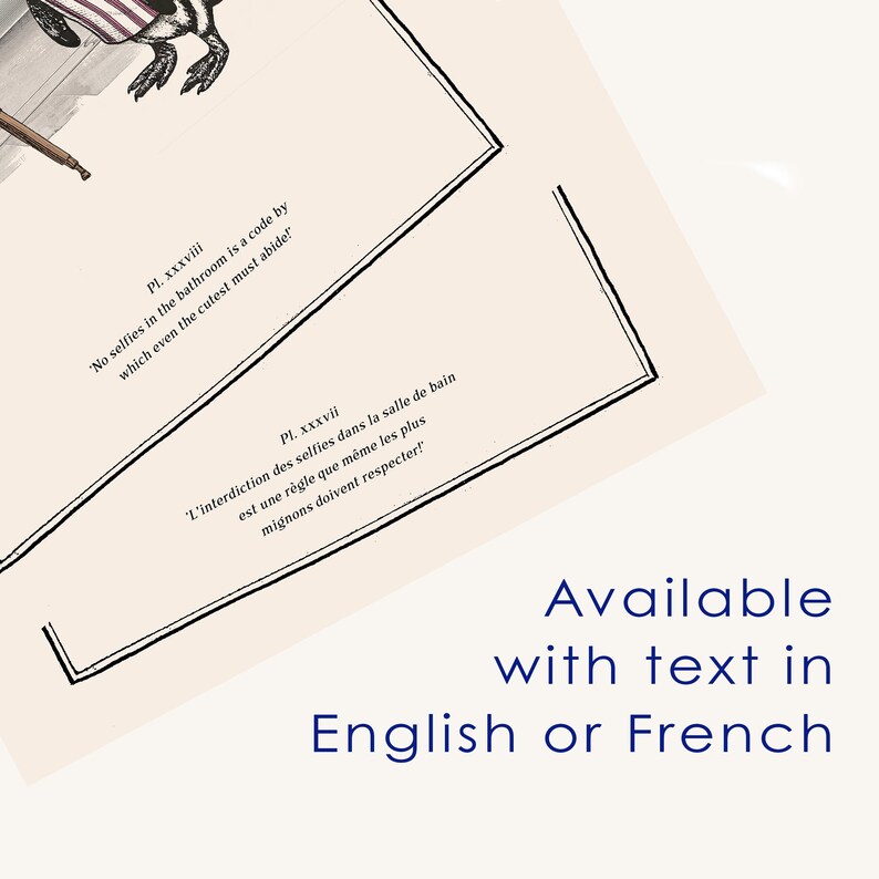 May include: Two framed prints with text in English and French. The English text reads, "No selfies in the bathroom is a code by which even the cutest must abide!" The French text reads, "L'interdiction des selfies dans la salle de bain est une r&egrave;gle que m&ecirc;me les plus mignons doivent respecter!"