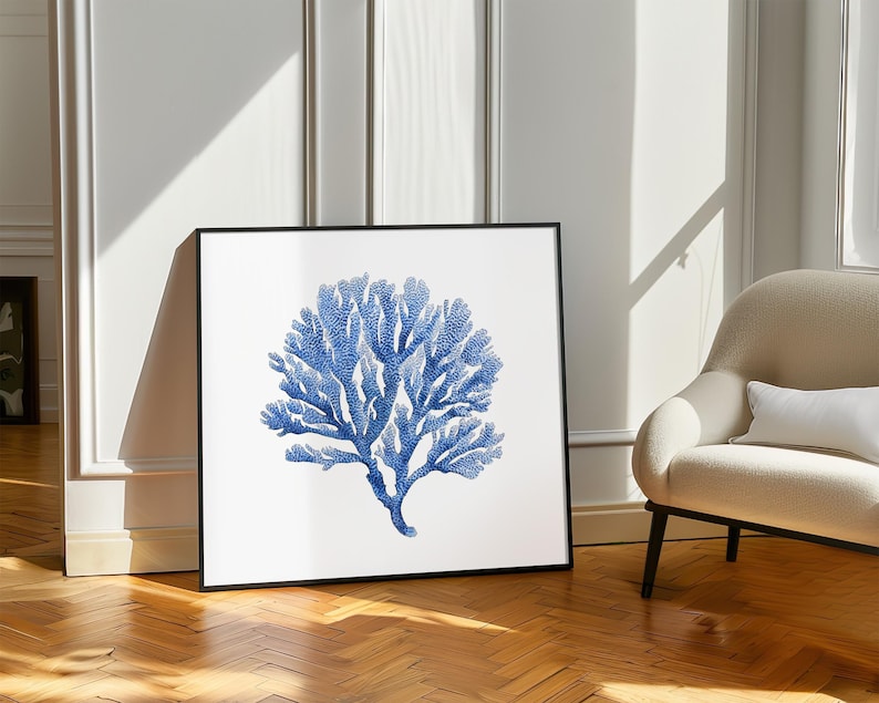 Coral Wall Art for Minimalist Coastal Decor Blue and White Bathroom