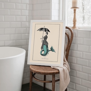 Vintage Style Mermaid Print Idea for Gothic Room Decor Mermaidcore Wall Art for Bathroom Steampunk Poster Powder Room Teal Accent image 5