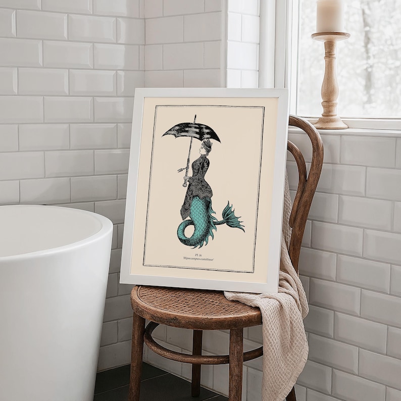 Vintage Style Mermaid Print Idea for Gothic Room Decor Mermaidcore Wall Art for Bathroom Steampunk Poster Powder Room Teal Accent image 5