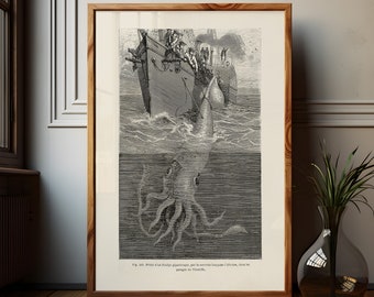 Octopus Vintage Wall Art Giant Squid Bathroom Print Octopus Nautical Wall Decor Dark Academia Art Print for Quirky Coastal House Decor